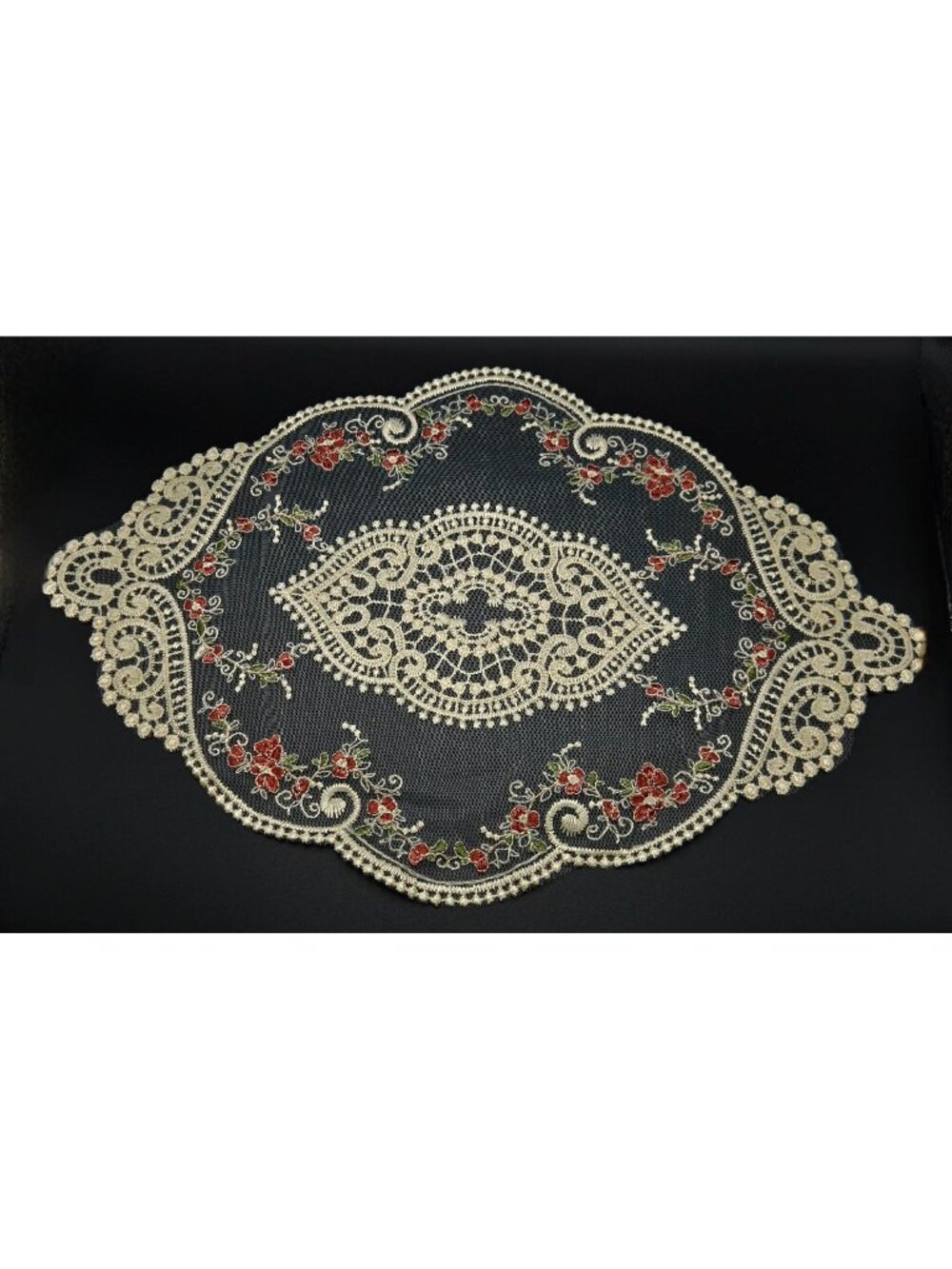 Vintage Lace Table Doily With Pink floral Embroidery & Scalloped Edges